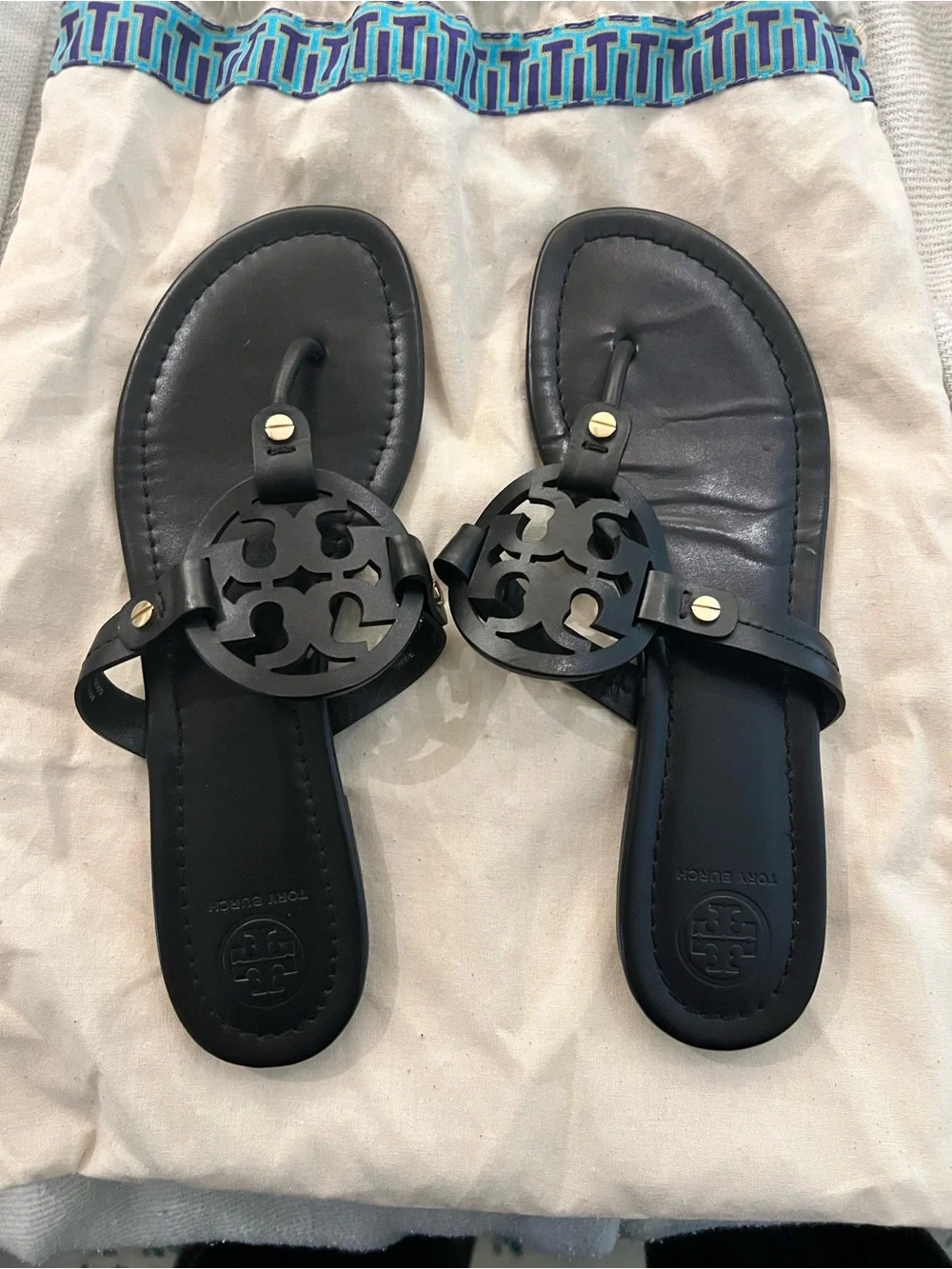 Tory Burch Black Leather Logo Thong Sandals